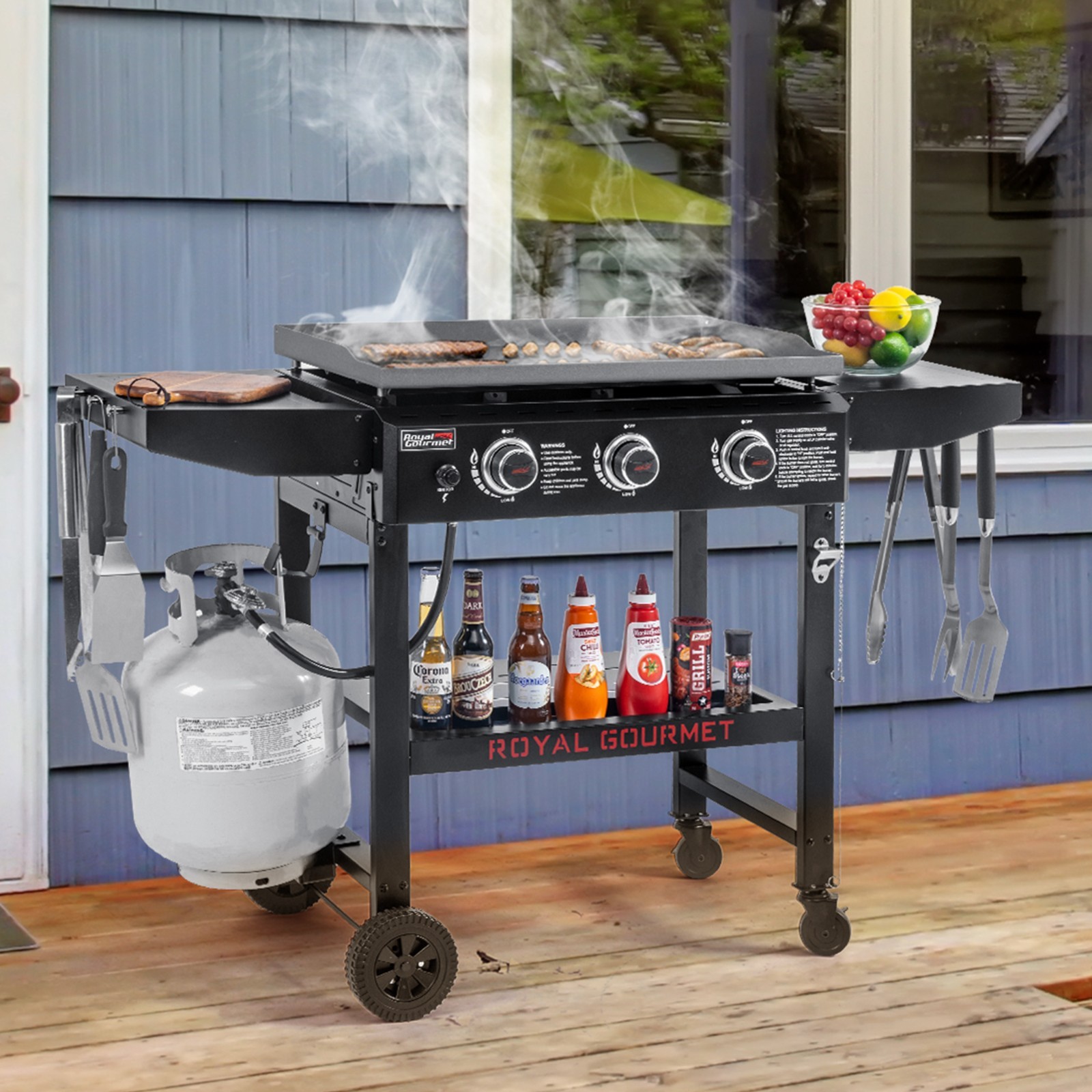 Royal Gourmet 28-Inch 3-Burner Propane Gas Griddle with Collapsible Side Shelves