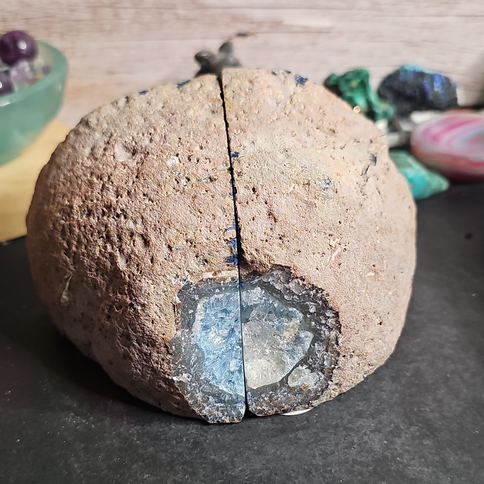 Large Blue Agate Geode Bookends Druzy Quartz Crystal Matching Pair Polished2.9lb