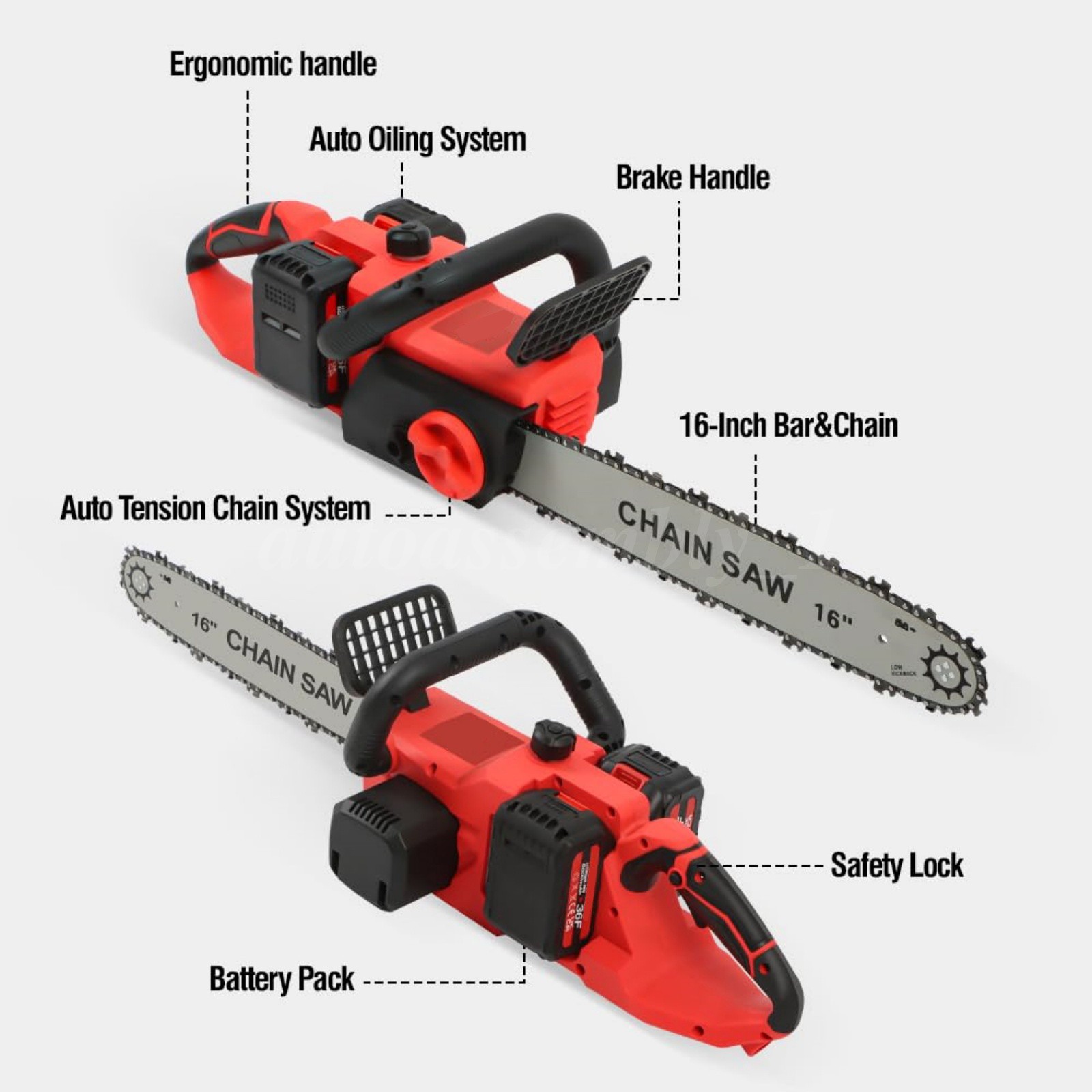 16″ Cordless Electric Chainsaw 42V Brushless Handheld Chain Saw 2Battery&Charger