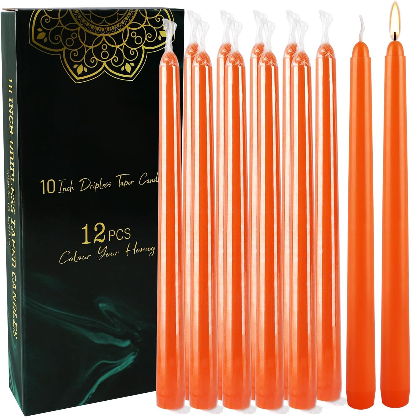 10 Inch Orange Slender Taper Candles Set – 12 Pcs Dripless, Smokeless with Cotto