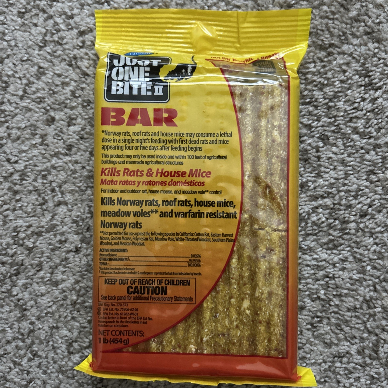 Just one bite Rat Rodent Mice Mouse Vole Bait New Sealed Bar 1 Pound
