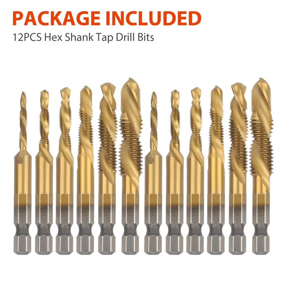 12Pcs HSS Titanium Coated Twist Drill Bit Set M3-M10 Hex Shank For wood Metal