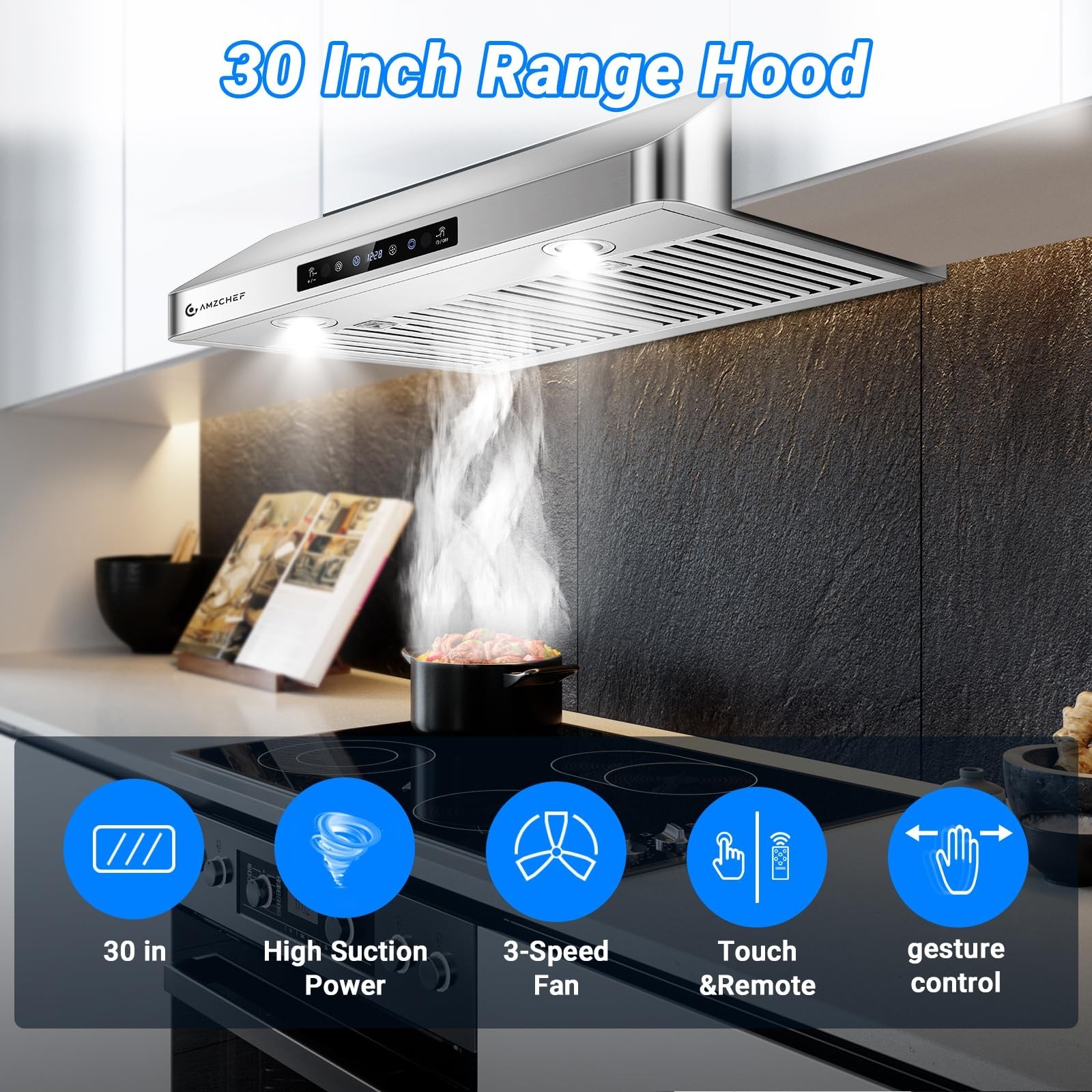 AMZCHEF 30in Under Cabinet Range Hood 750CFM Stainless Steel 3 Speed LED