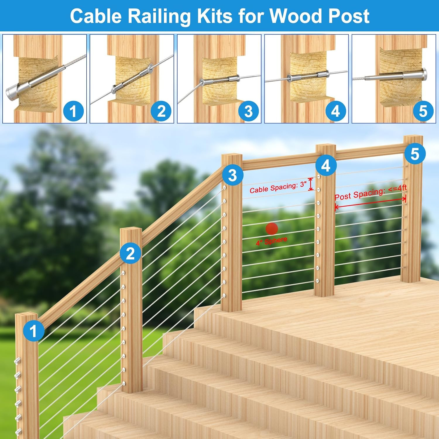 50Pack 1/8″ Invisible Cable Railing Kit, T316 Stainless Steel Invisible Receiver