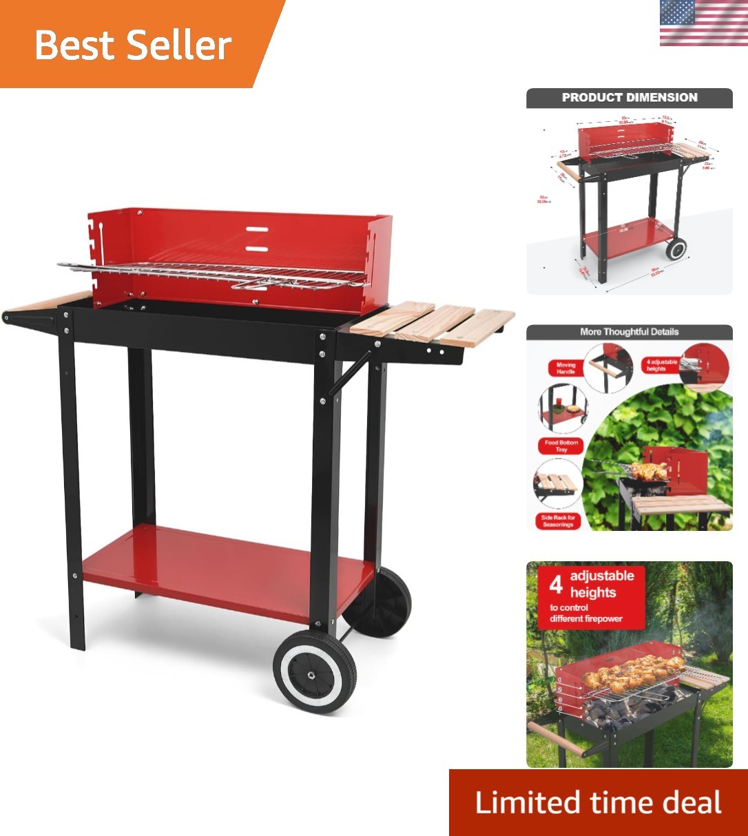 Compact Heavy-Duty Charcoal Grill with Adjustable Height & Ample Storage Table