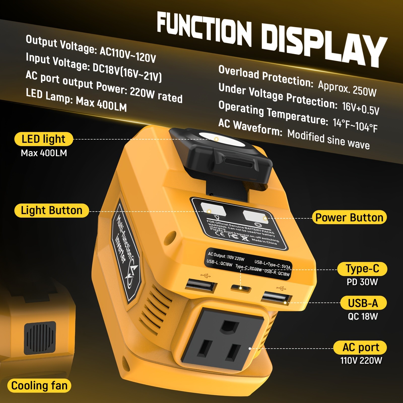 2-in-1 Power Station for Dewalt 20V Battery 300W DC Regulator 220W AC Inverter