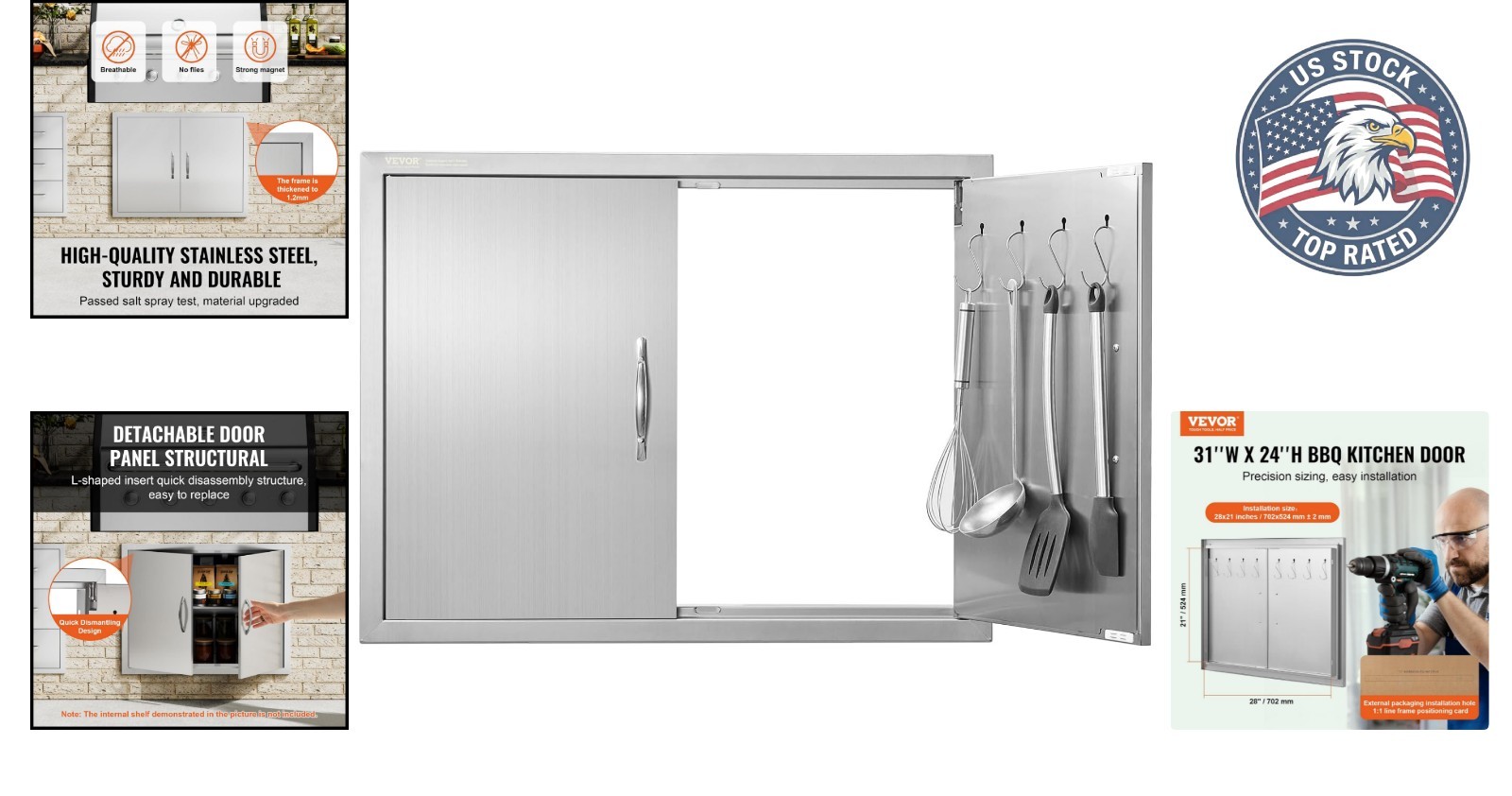 Modern 31W x 24H BBQ Access Door in Stainless Steel, Ideal for Grilling Stations
