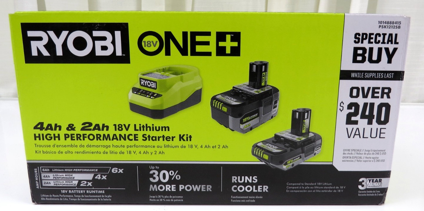 Ryobi 18V One+ 4Ah & 2Ah Lithium Battery High Performance Starter Kit W/Charger