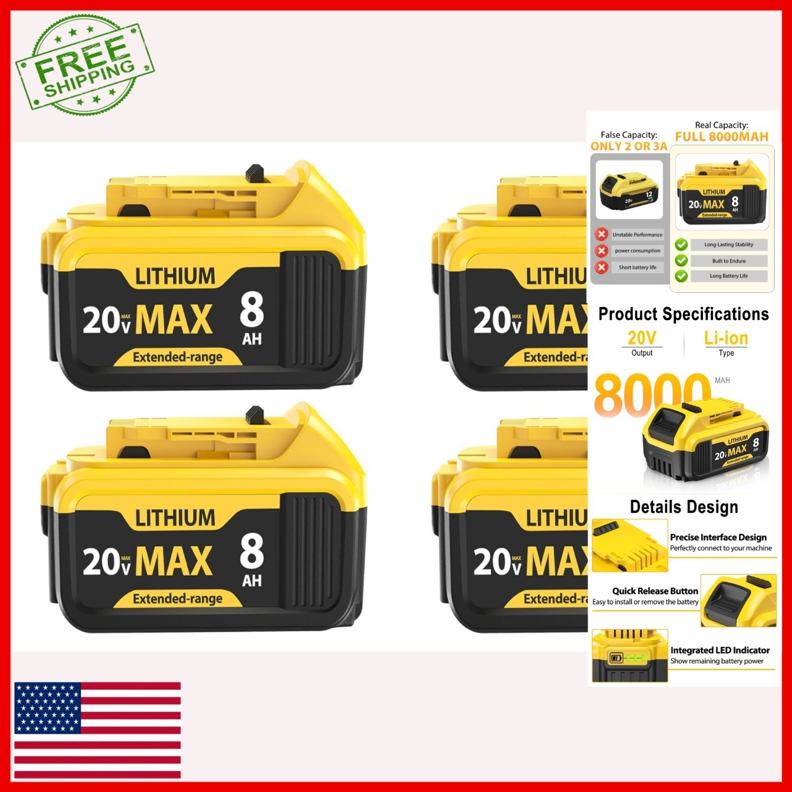 8000mAh Lithium-Ion Battery for Dewalt 20V Max – 4-Pack Replacement