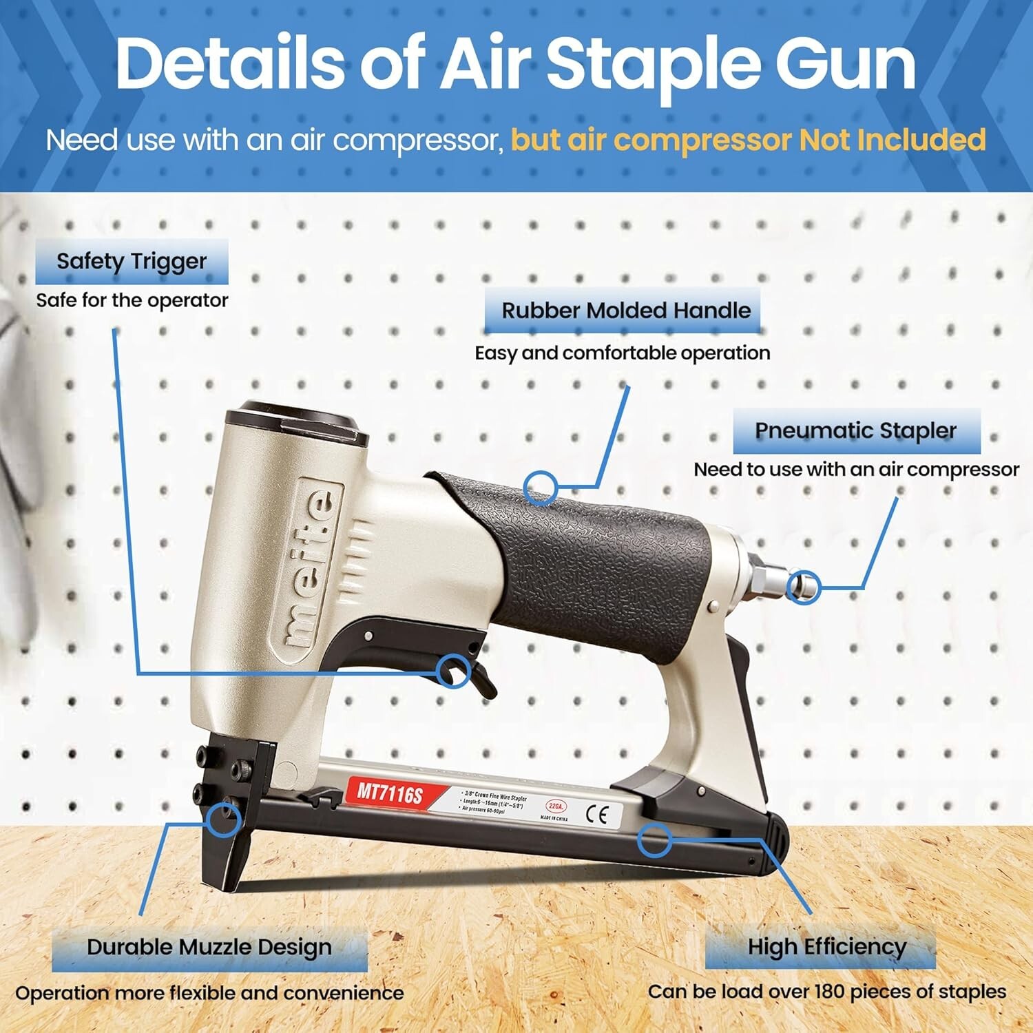 meite MT7116S Pneumatic Upholstery Stapler Industrial Stapler with Safety