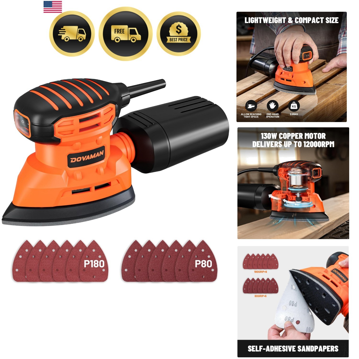 130W Detail Sander, 12000RPM Palm Sander Tool, Dust Collection System, 12PCS …