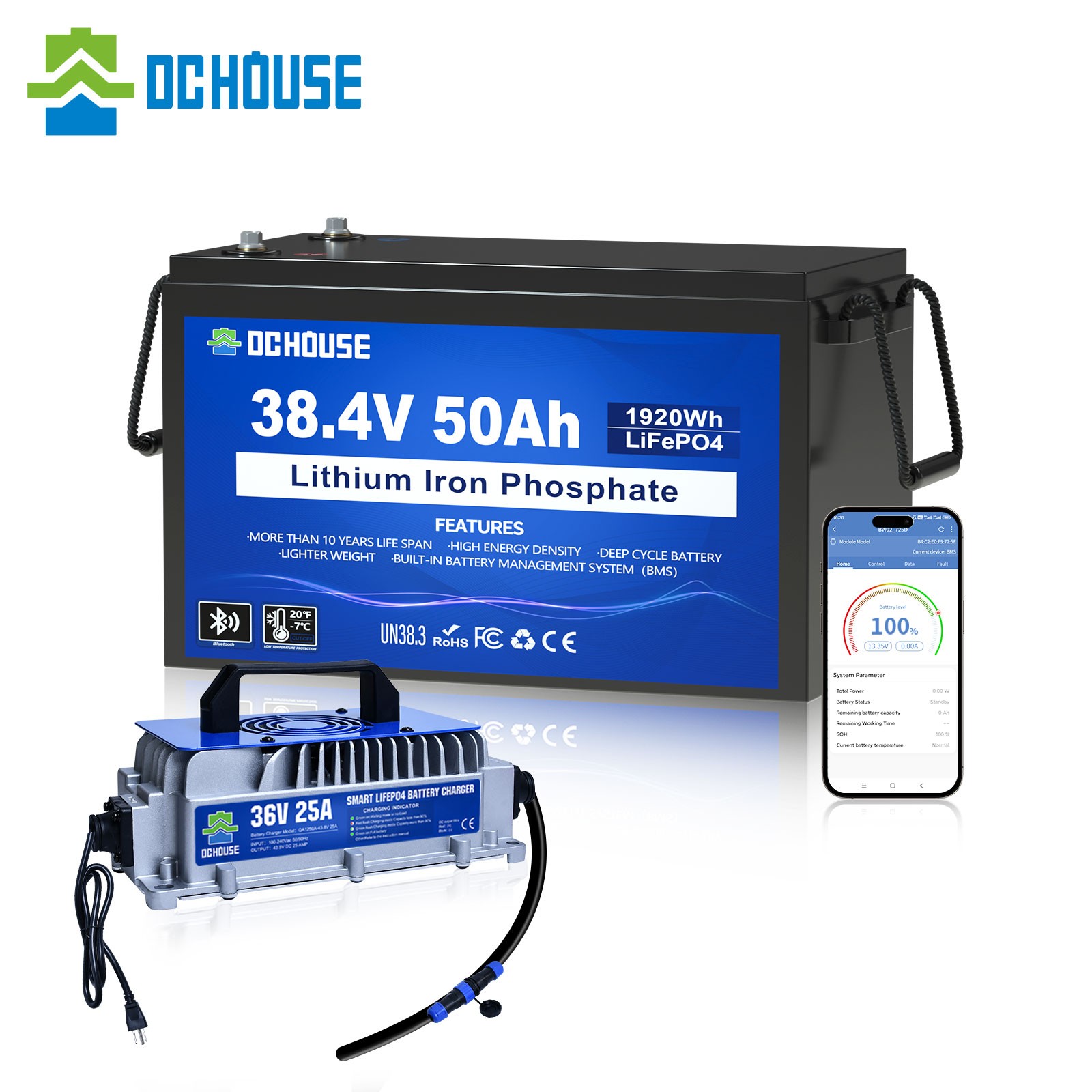 36V 50AH Lithium Golf Carts Lifepo4 Battery with 36V 25A Charger Bluetooth RV