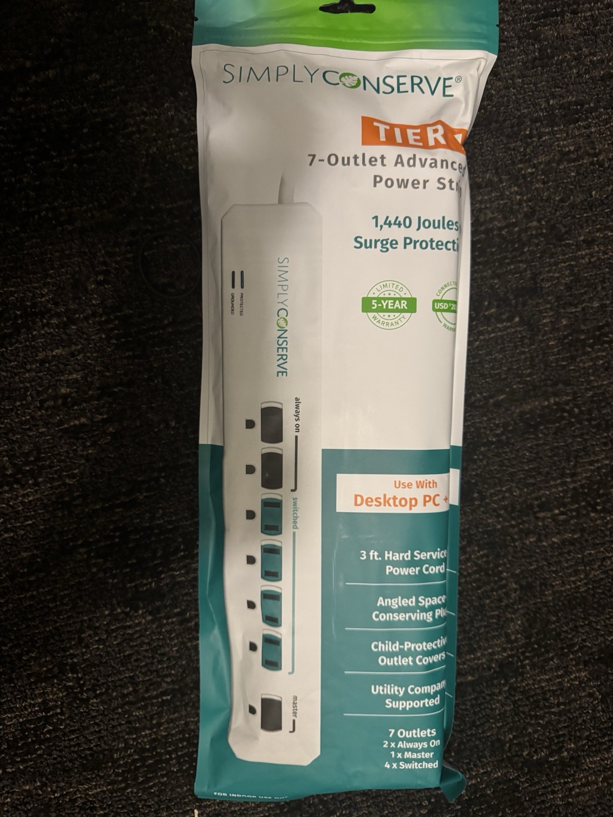 Simply Conserve 7 Outlet Advanced Power Strip Energy Saving 125 VAC 15A