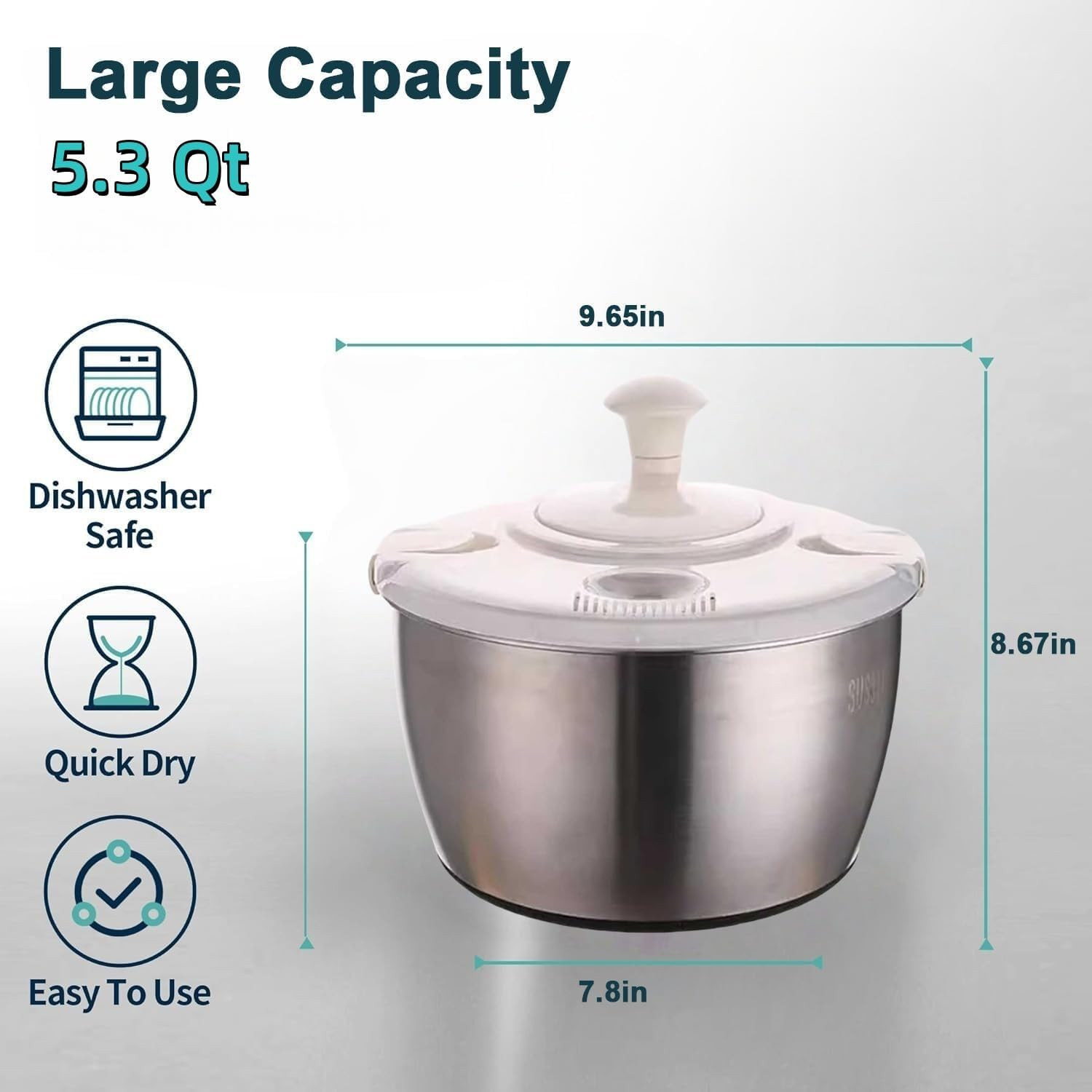 Large 5.3QT Salad Spinner – Quick Spin & Drain, Multi-Use Colander
