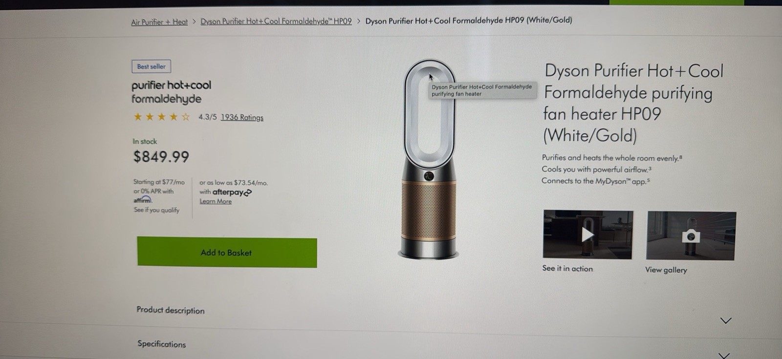 Dyson Purifier Hot+Cool Formaldehyde Purifying Fan HP09 (White/Gold) – OPEN BOX