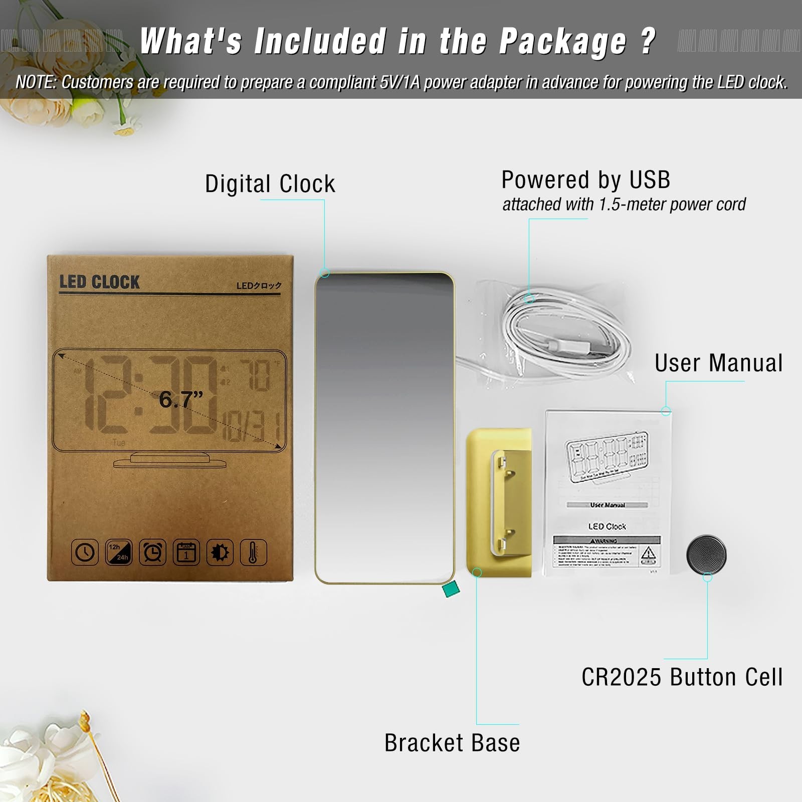 KOSUMOSU Desk Clock for Bedroom Accessories 6.7in Gold Digital Alarm Clock wi…