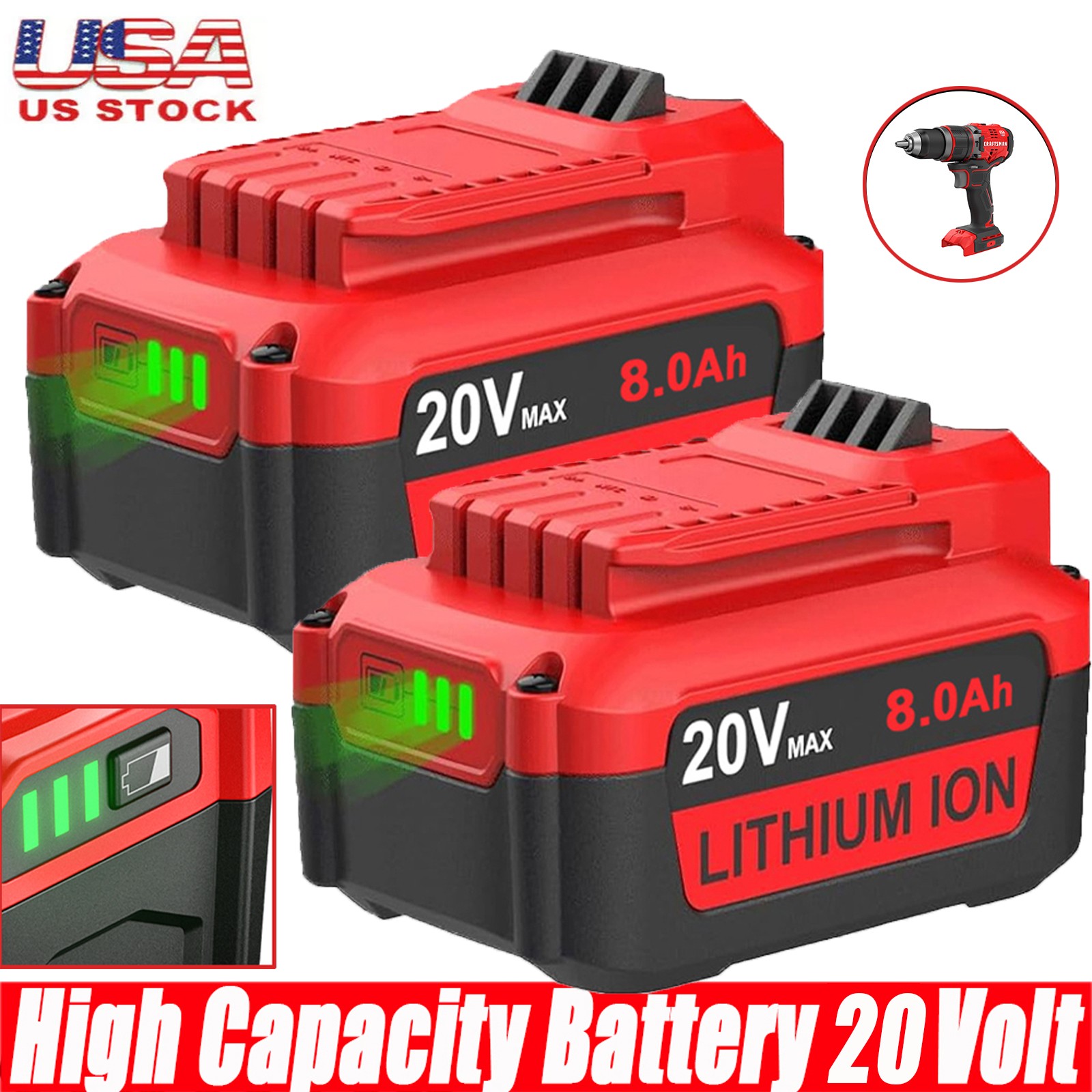 2X 8000mAh V20 For Craftsman V20 Li-ion Battery CMCB205 CMCB204 CMCB203 Lithium