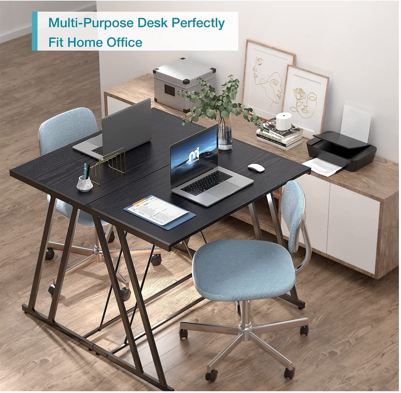 Mehoom Metal Modern Computer Study Desk for Home Office, Table, Black, 35.4″