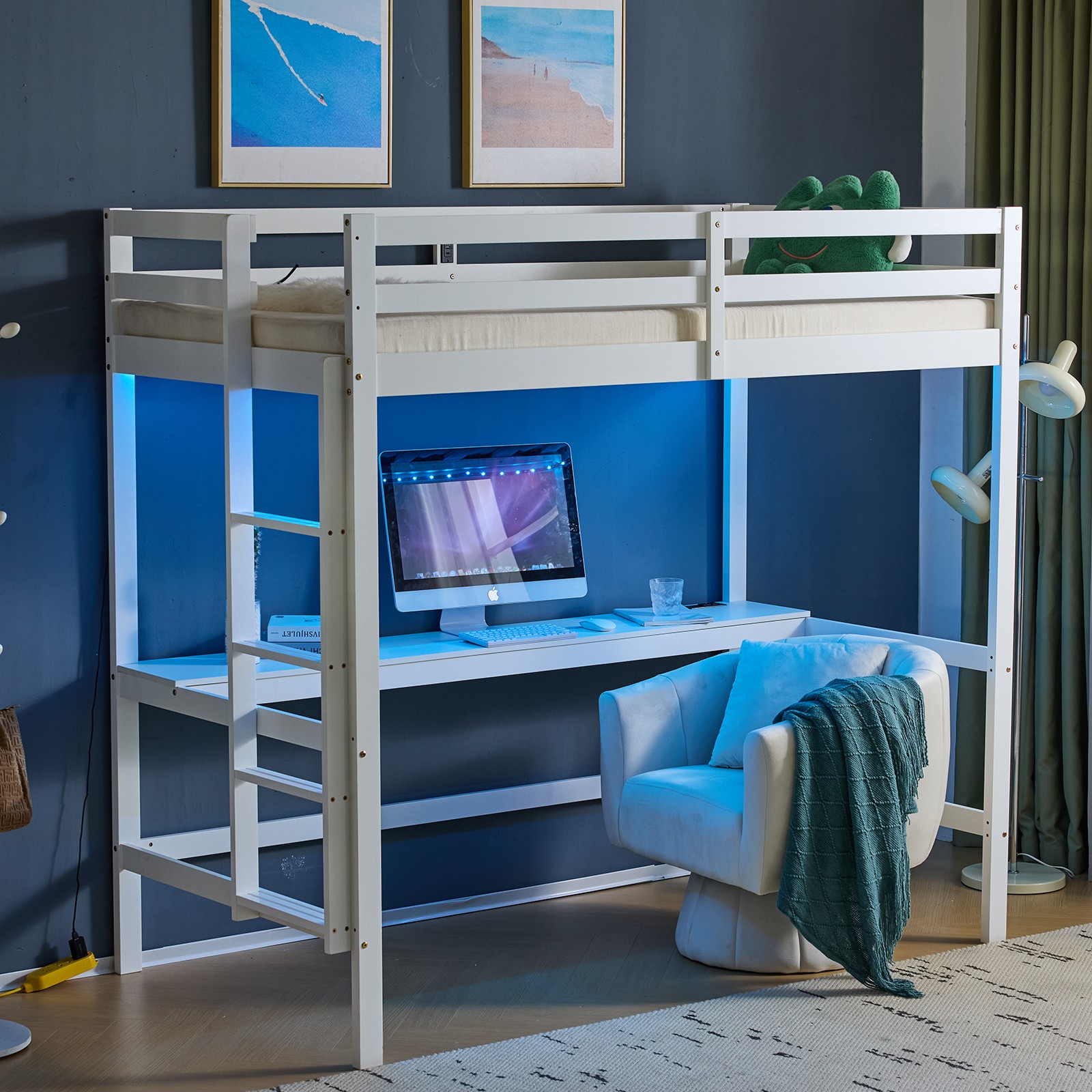 Wood Loft Bed Twin Size with RGB LED 2 Charging Station for Adults Kids Teens