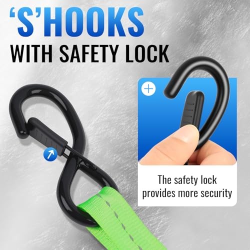 Retractable Ratchet Straps 4 Pack – 1,500 Lbs Break Strength 1 in x 10 Ft Green