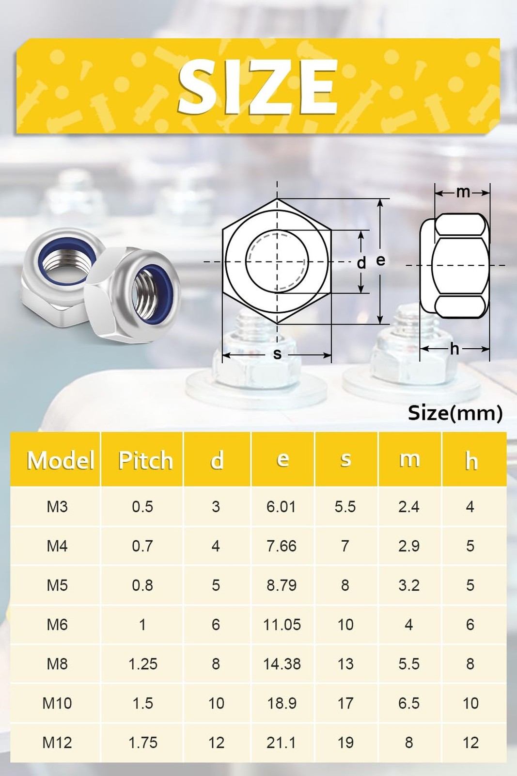50Pcs M6-1mm Nylon Insert Hex Lock Nuts DIN985 Stainless Steel A2 Self Lockin…
