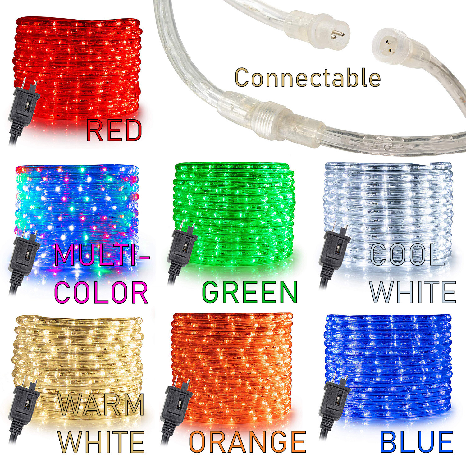 10′ 20′ 25′ 50′ 100′ 150ft Outdoor LED Rope Light Water-Resistant Extend to 300′