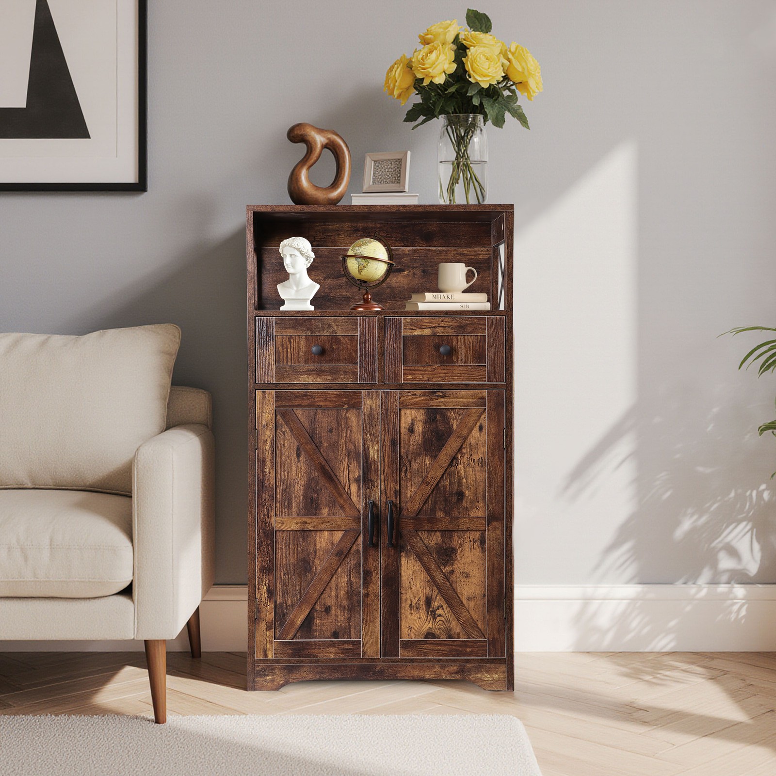 Brown Storage Cabinet with Doors & Drawers Freestanding Kitchen Pantry Cabinet