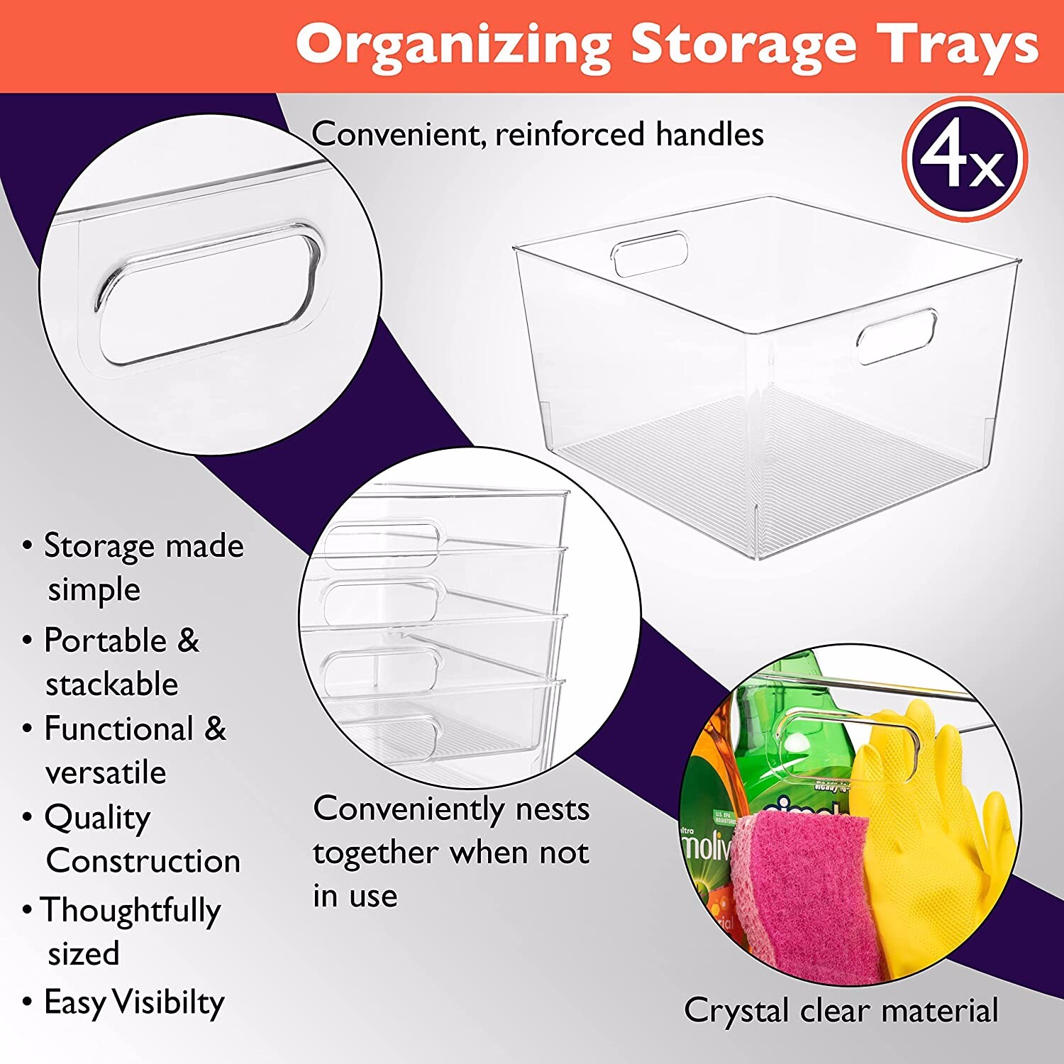New – 4 Pack XLarge Plastic Storage Organizer Container Bins with Cutout Handles
