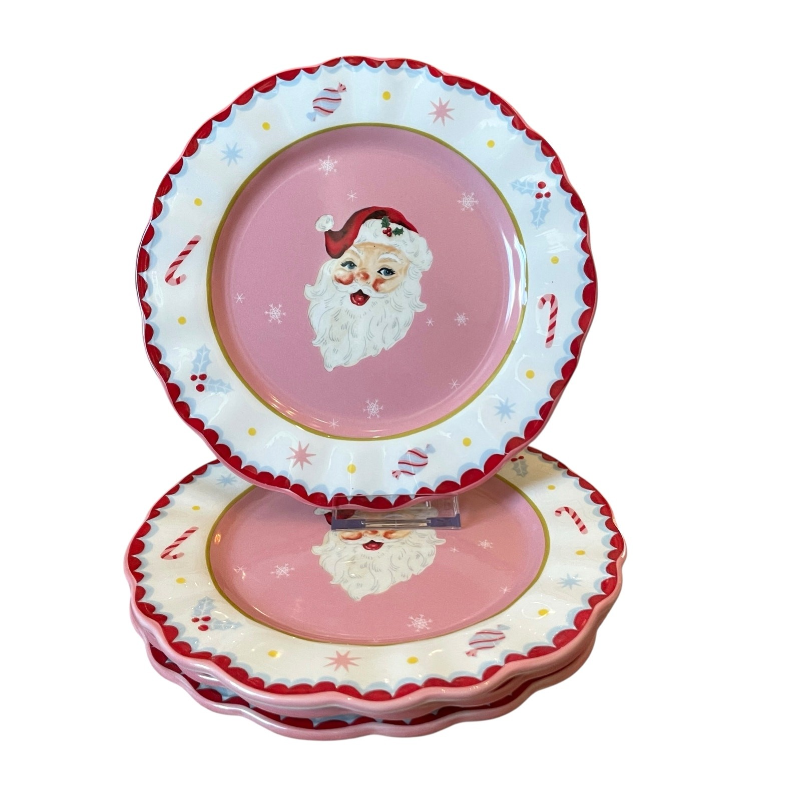 Potter’s Studio PINK SANTA Salad Plates 8.5in Ceramic Set of 4 Christmas New