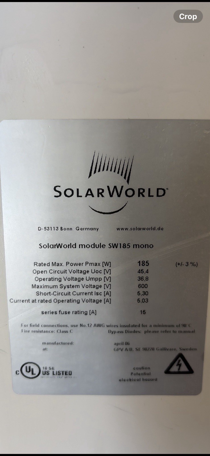 Solar World MONO 185 Watt Solar Panels Very Efficient Solar Panel Pickup Only