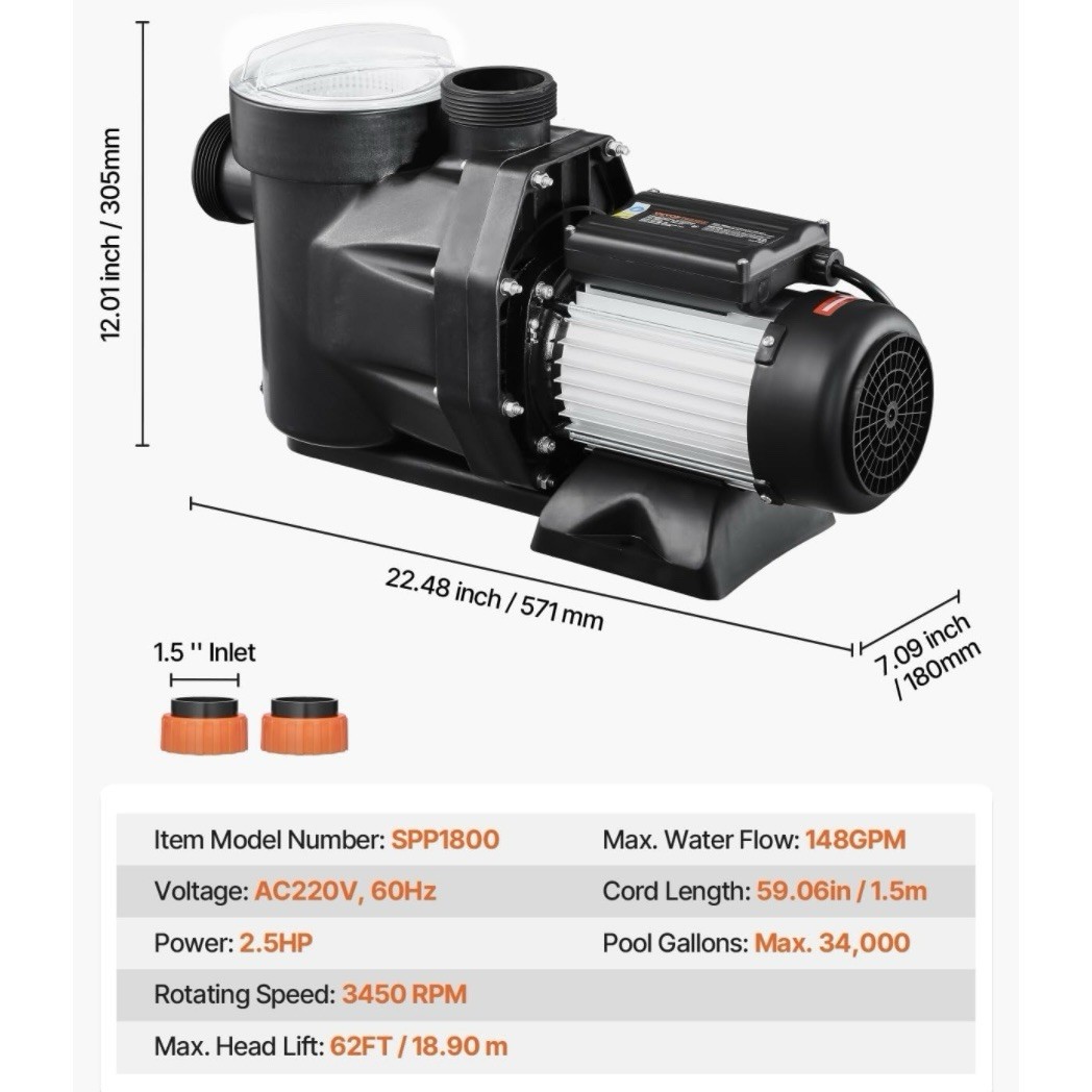 VEVOR 2.5 HP Above Ground Swimming Pool Pump Single Speed 148 GPM 3450 RPM 220V