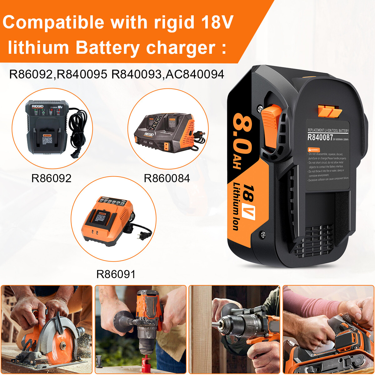 6AH/8AH Hyper Lithium-ion Battery For Ridgid 18V R840087 R840085 Rigid 18V Tools
