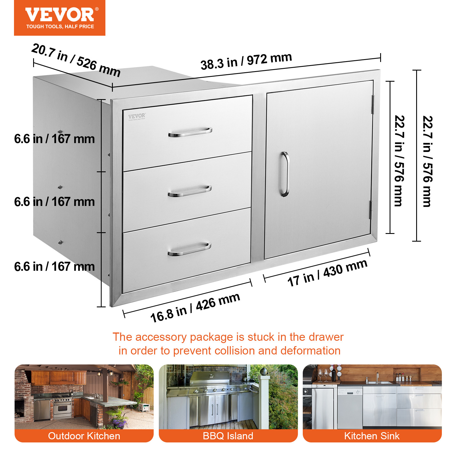 VEVOR 39-inch 304 Stainless Grill Access Door & Triple Drawer Combo for BBQ