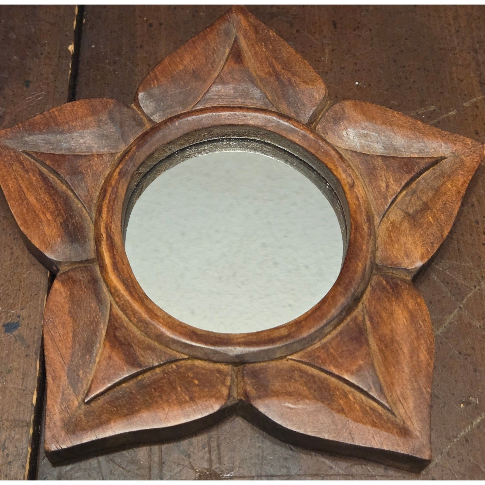 World Market Star Mirror 8.5in Brown Carved Wood Boho Wall Decor Indonesia