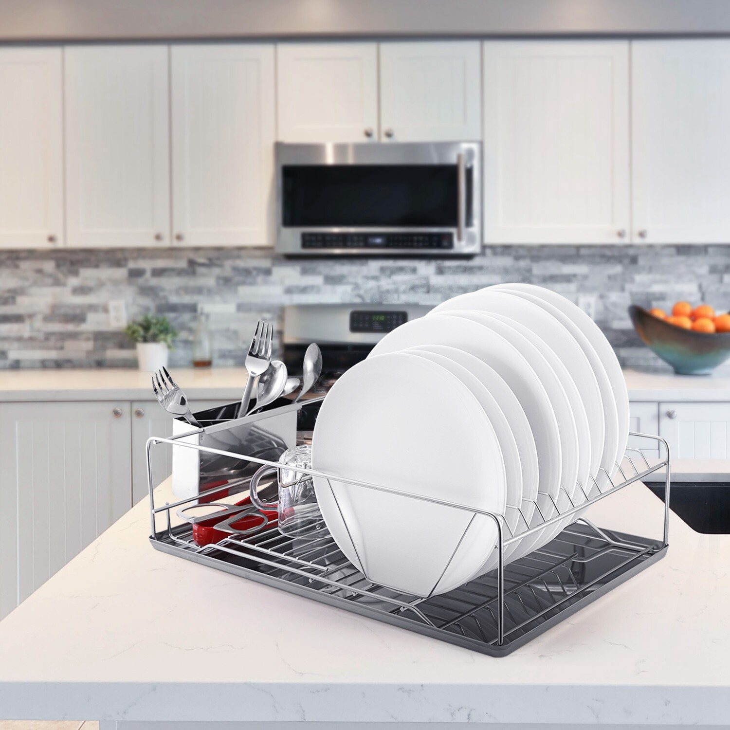 Kitchen Over Sink Dish Drying Rack Stainless Steel Drainer Holder w/ Drainboard