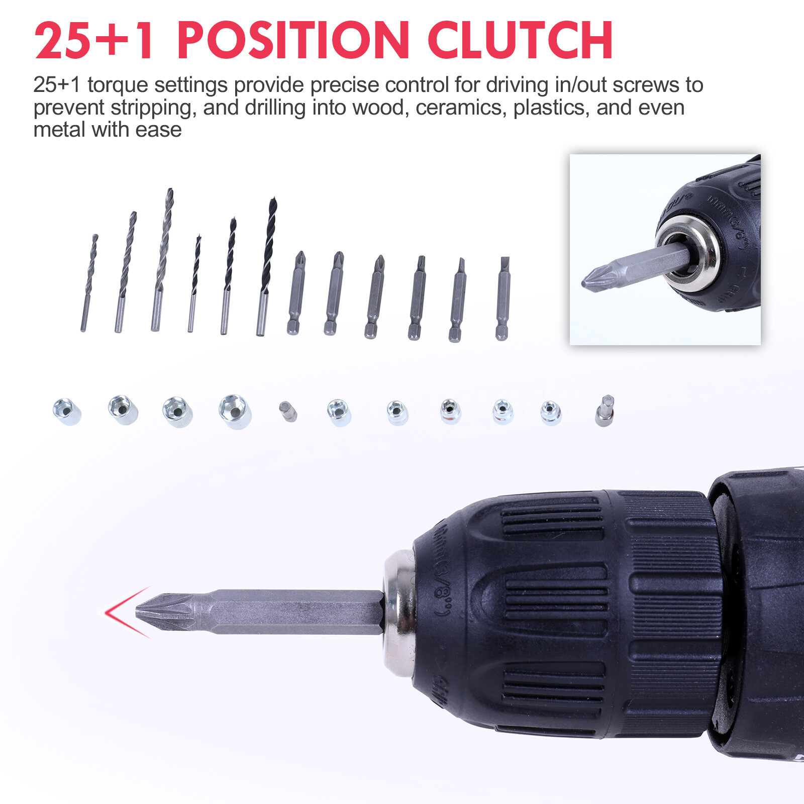 21V Electric Drill 3/8″ Power Cordless Screwdriver Drill Set with 2 Battery Kit