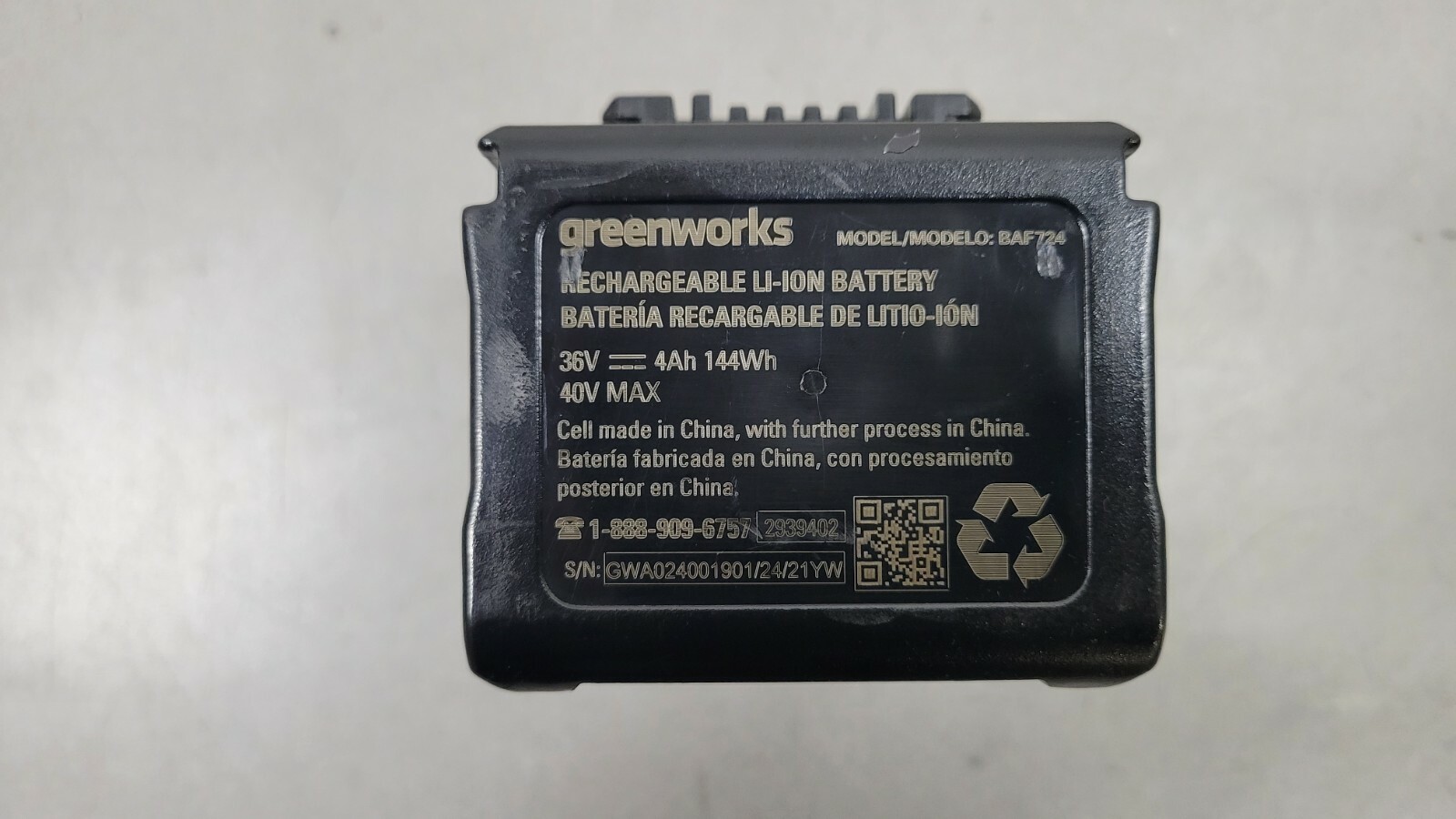 GREENWORKS MAX BAF724 40v 4ah Battery