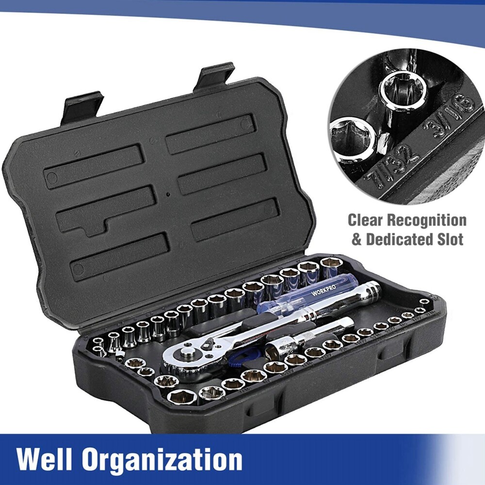 WORKPRO 39PCS Drive Socket Set 1/4″ 3/8″ Socket Wrench Set Metric SAE With Case