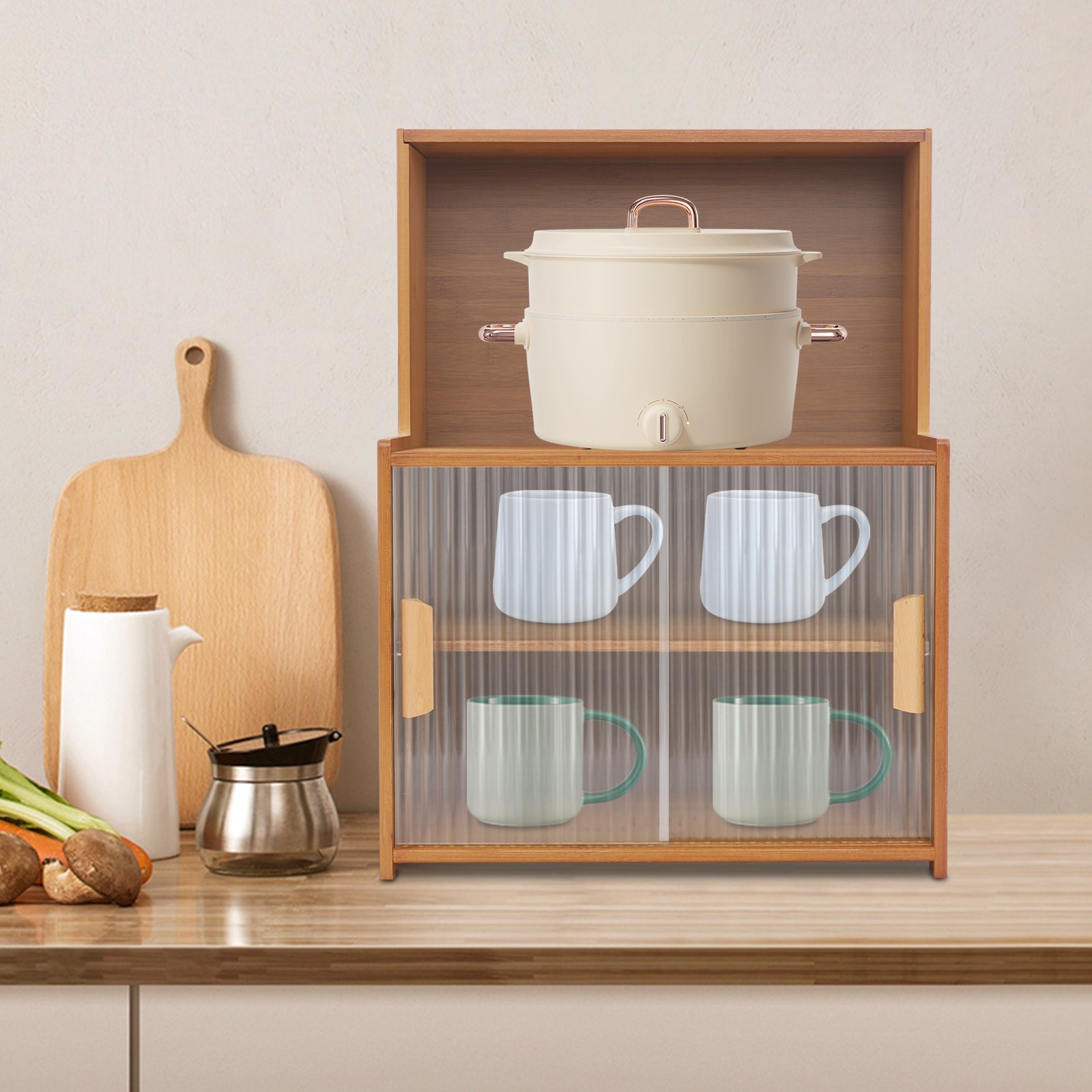 Kitchen Pantry Cabinet Small Storage Cabinet Cupboard with Sliding Glass Doors