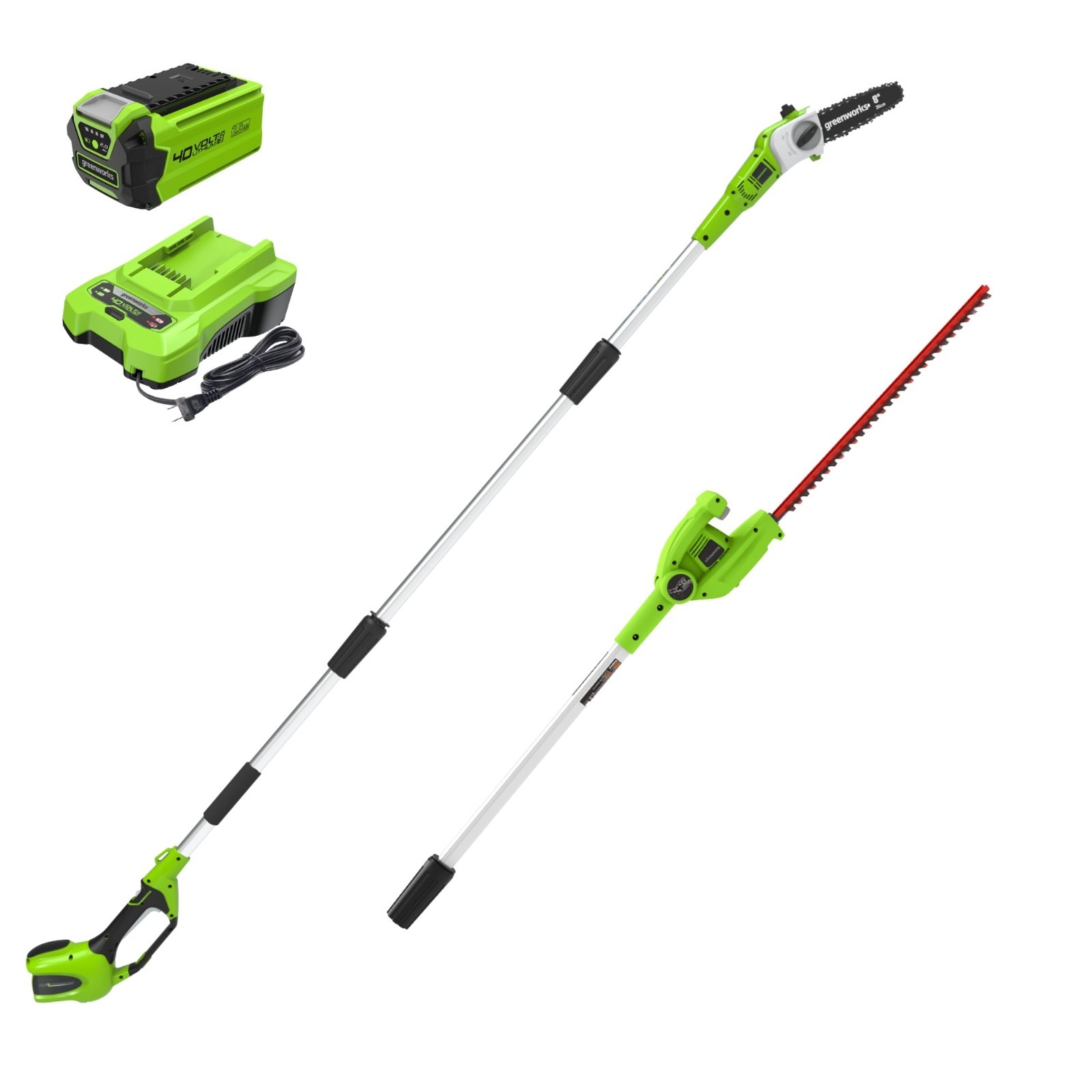 Greenworks 40V 8″ Pole Saw with 20″ Hedge Trimmer Attachment, Max Reach 11Ft