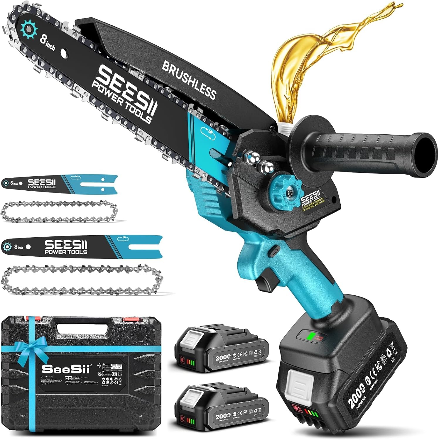 SEESII Mini Chainsaw Cordless 8In Brushless Portable Electric Chainsaw 2XBattery