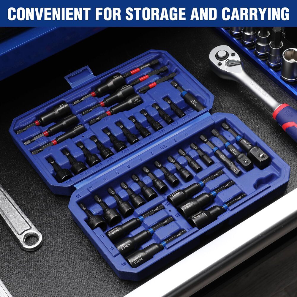 WORKPRO 39PC Magnetic Nut Driver Set Impact Drill Driver Bit 1/4″ Hex SAE&Metric