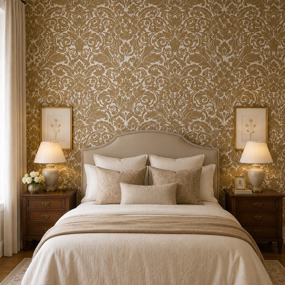 Flocking orange beige ivory cream Flocked Victorian damask velvet Wallpaper 3D