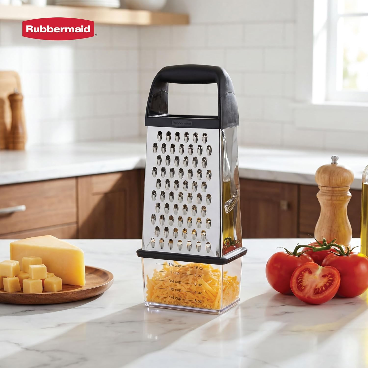 4-Sided Steel Box Grater with Measuring Container & Non-Slip Base