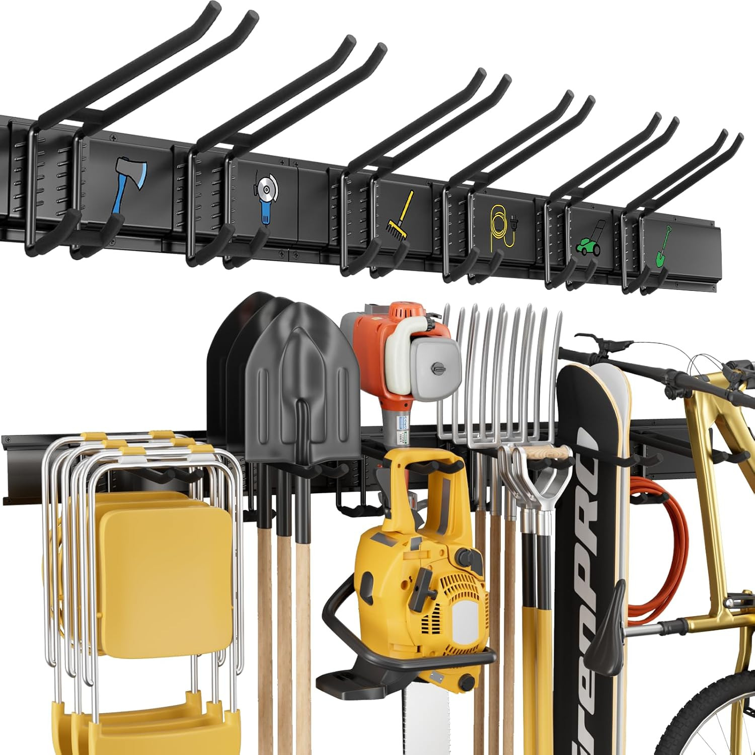 Garage Tool Organizer Wall Mount with 49.5 Inches Rails and 6 Double-Layer Hooks