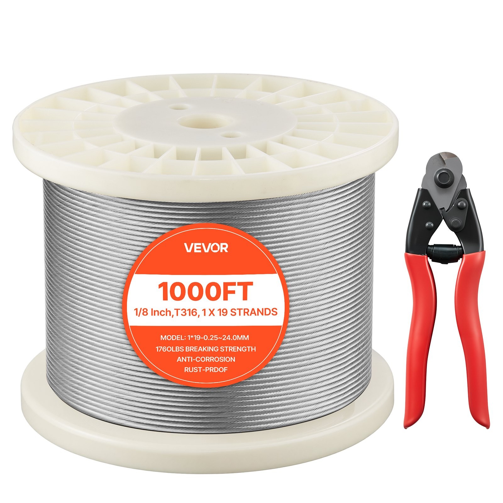 1/8 Inch Wire Rope, 1000 ft Length, 316 Stainless Steel Wire Cable with Cutter,