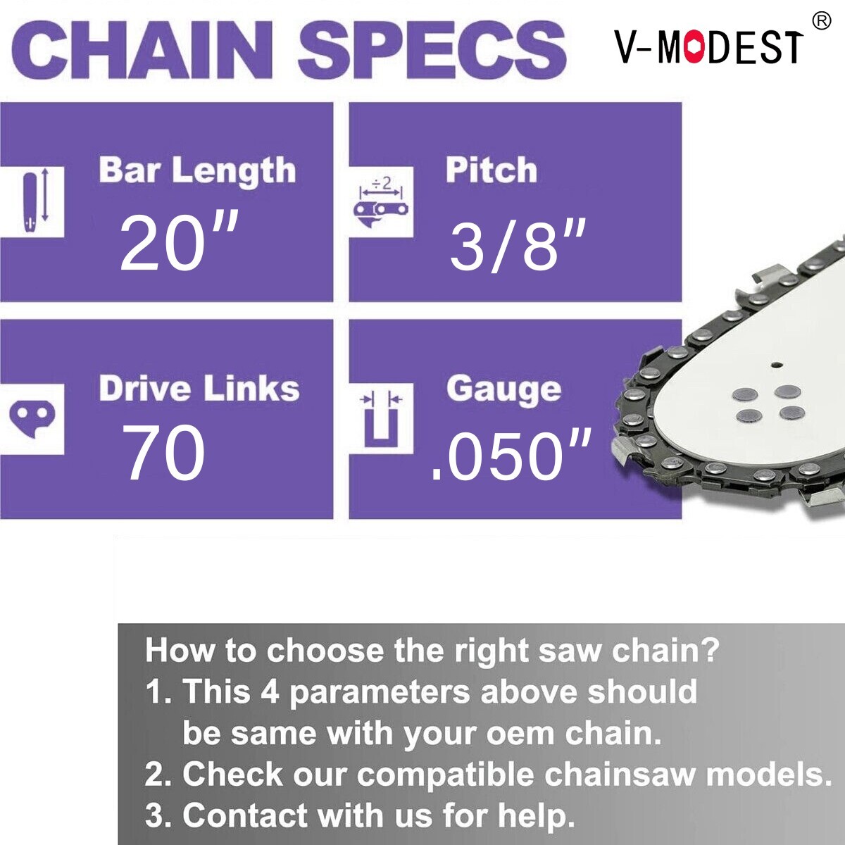3-PACK 20in Chainsaw Chain Blade 3/8″ .050″Gauge 70DL Fit ECHO CS590/CS600 etc.