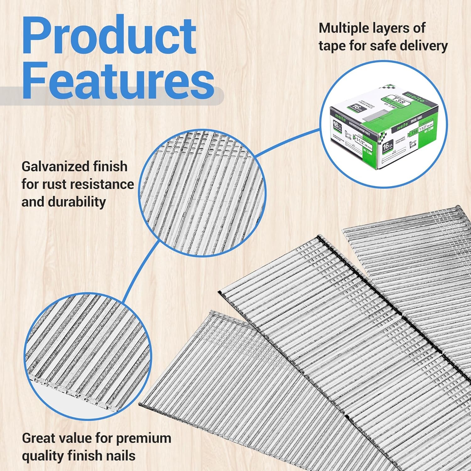 meite 16 Gauge Finish Nails 2-1/2 in Straight Finish Nail 2500-Count Galvanized