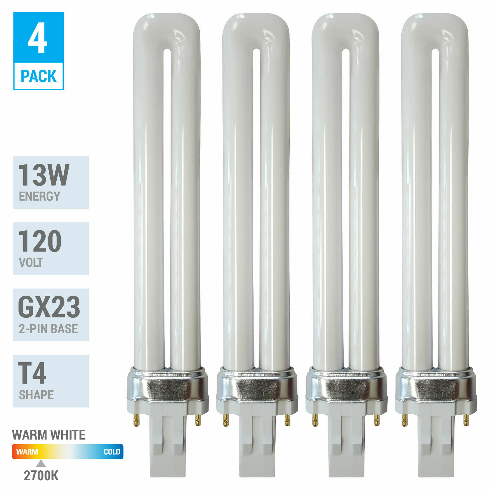 4 Pack PL13S PLS13 27 ECO CFL Plug-In 13W Watt T4 Bi 2-Pin GX23 2700K Soft White