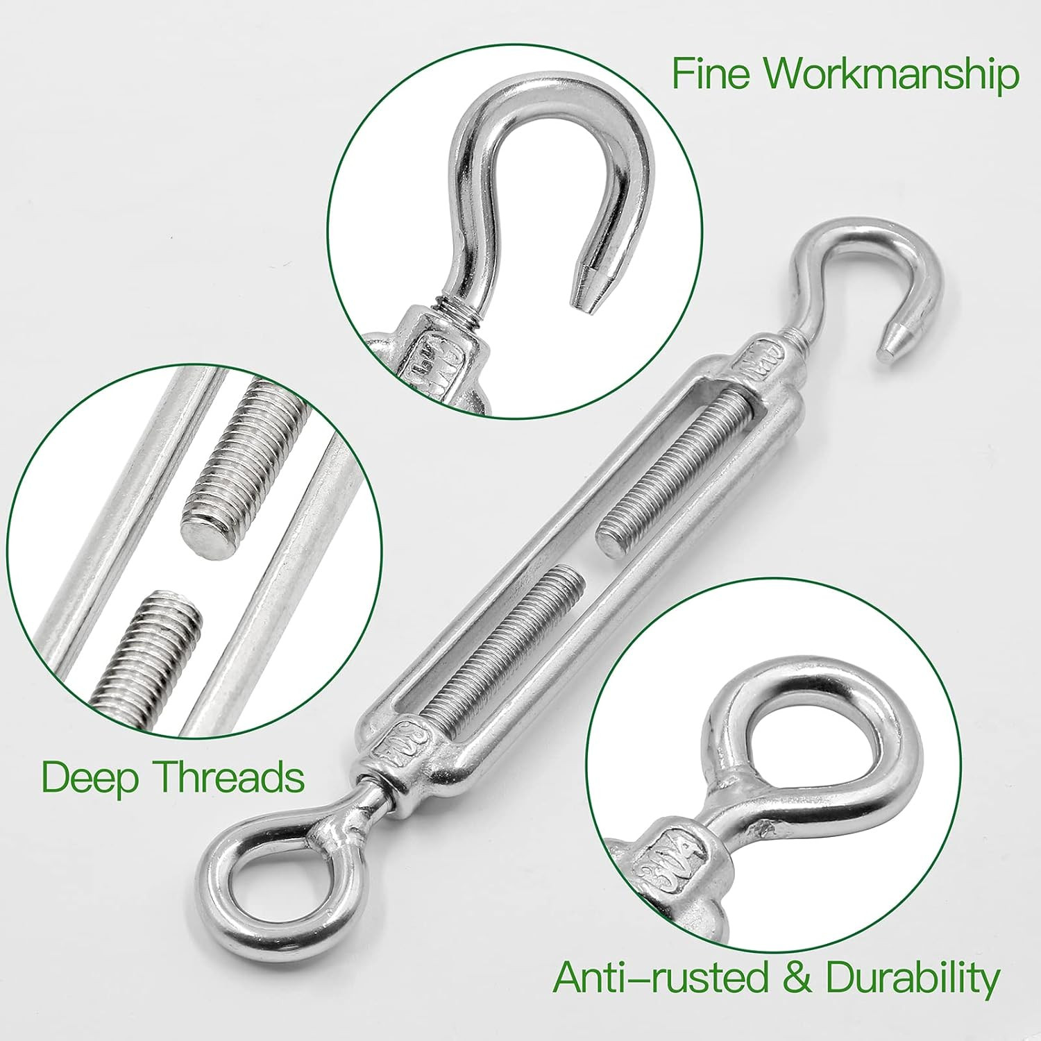 6PCS M6 Hook & Eye Turnbuckle 304 Stainless Steel Turnbuckle Wire Rope Tension H